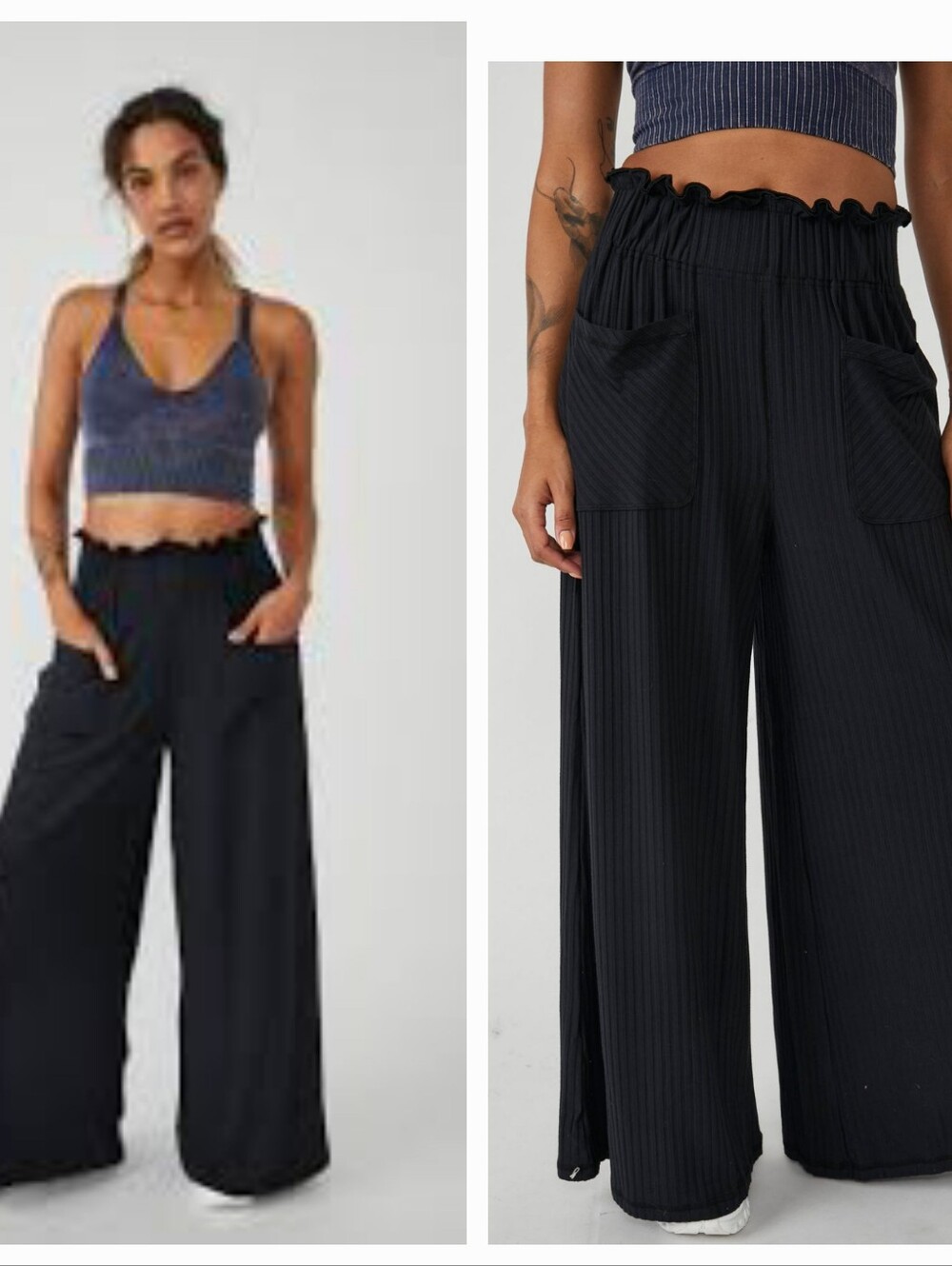 FP MOVEMENT by Free People Blissed Out  Black Ribbed Wide-Leg Ruffle Waist Pants